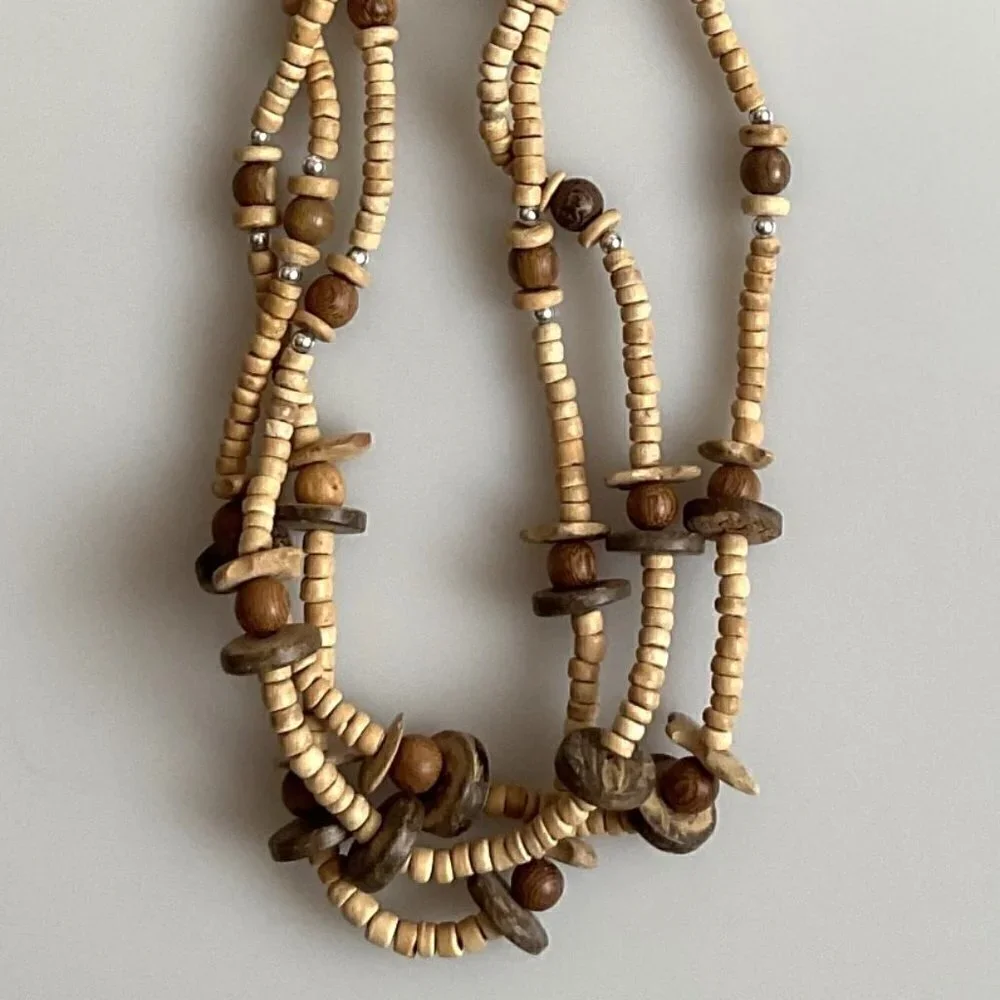 BOHO WOOD BEAD TRIPPLE STRAND NECKLACE